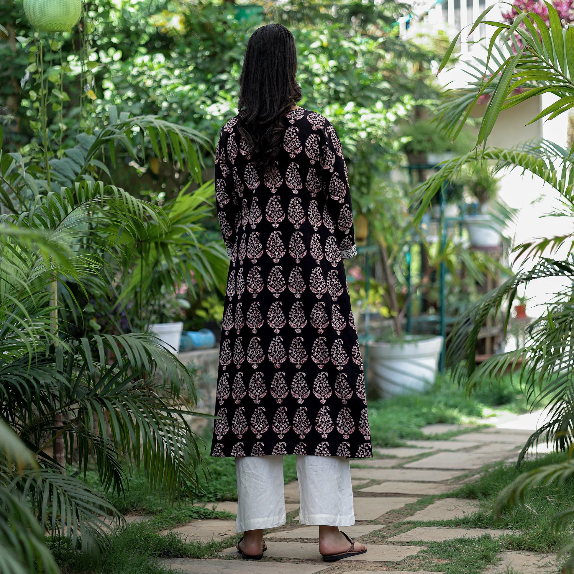 Black -  Block Print Cotton A-Line Bagh Kurta