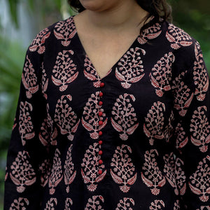 Black -  Block Print Cotton A-Line Bagh Kurta