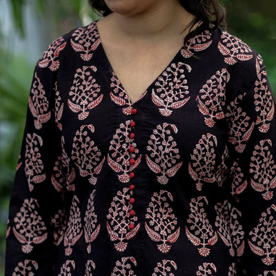 Black -  Block Print Cotton A-Line Bagh Kurta