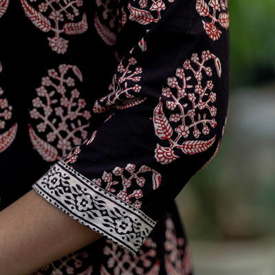 Black -  Block Print Cotton A-Line Bagh Kurta