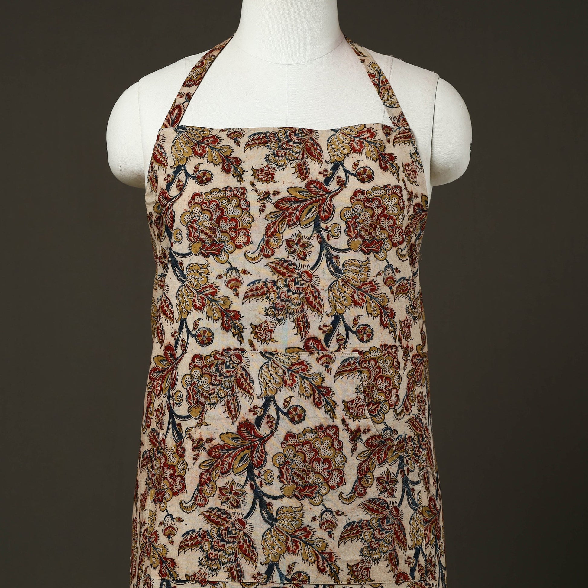 Beige - Kalamkari Block Print Cotton Apron with Pocket 51