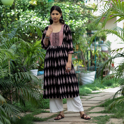 Black - Block Print Mul Cotton A-Line Bagh Kurta