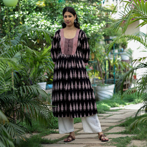 Black - Block Print Mul Cotton A-Line Bagh Kurta