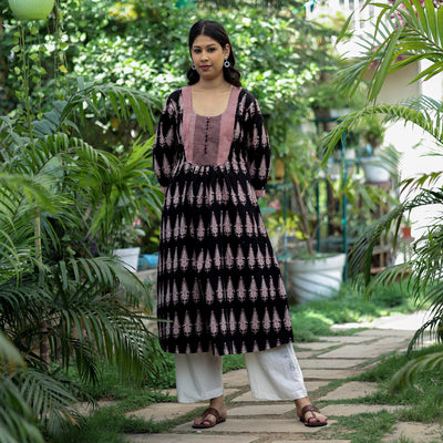 Black - Block Print Mul Cotton A-Line Bagh Kurta