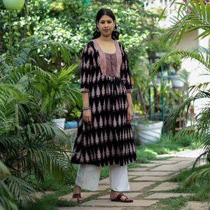 Black - Block Print Mul Cotton A-Line Bagh Kurta