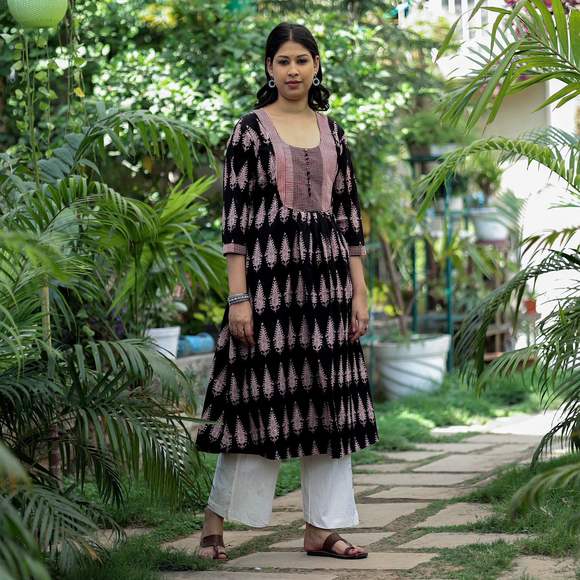 Black - Block Print Mul Cotton A-Line Bagh Kurta