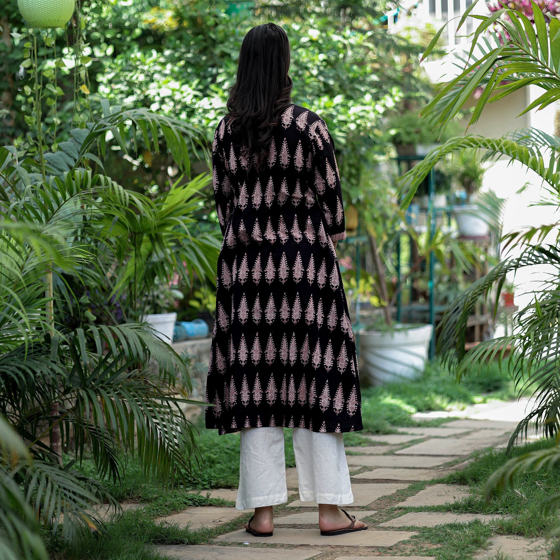 Black - Block Print Mul Cotton A-Line Bagh Kurta