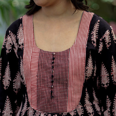 Black - Block Print Mul Cotton A-Line Bagh Kurta