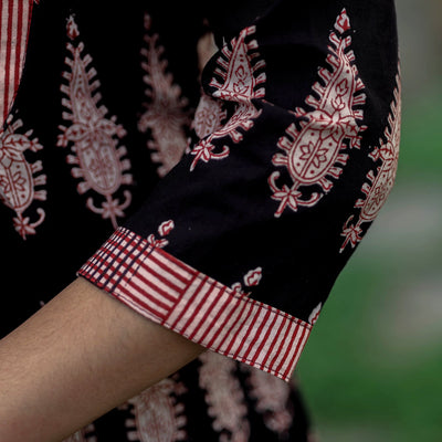 Black - Block Print Mul Cotton A-Line Bagh Kurta
