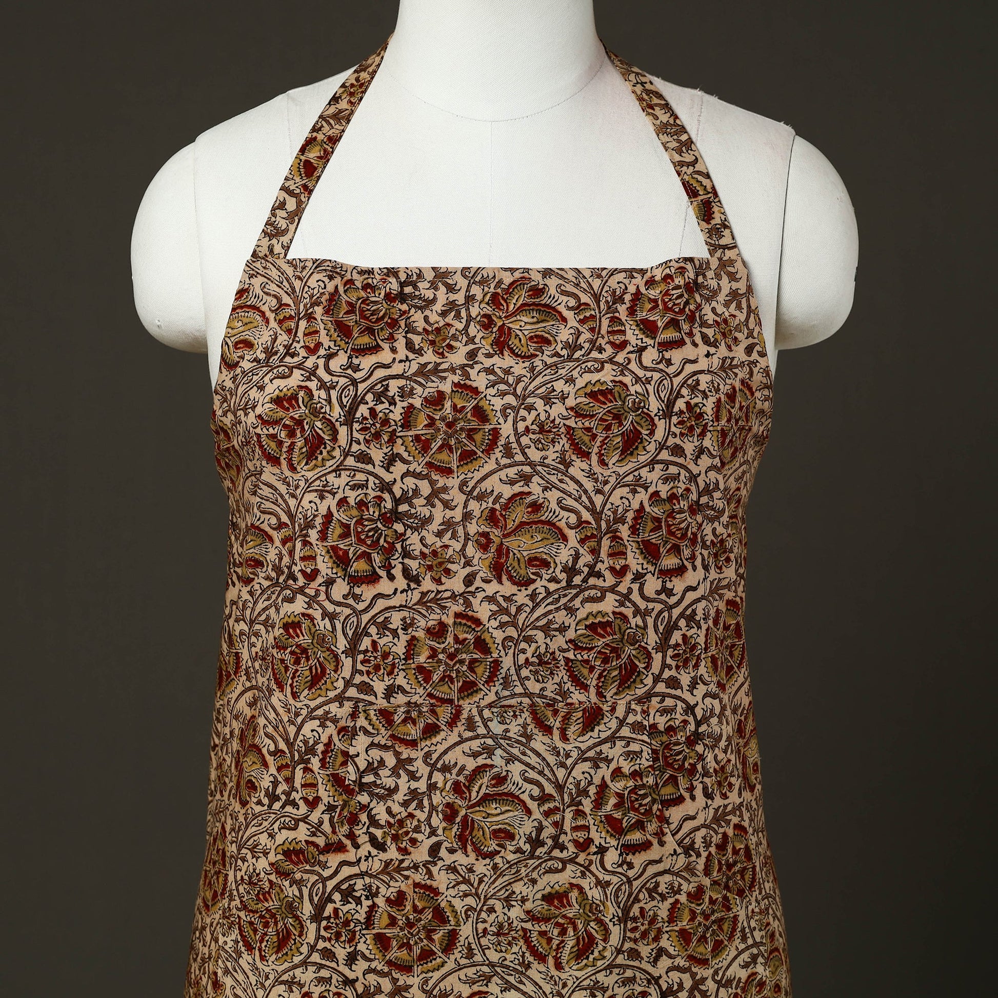 Beige - Kalamkari Block Print Cotton Apron with Pocket 55