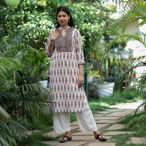 Beige - Block Print Cotton Straight Bagh Kurta