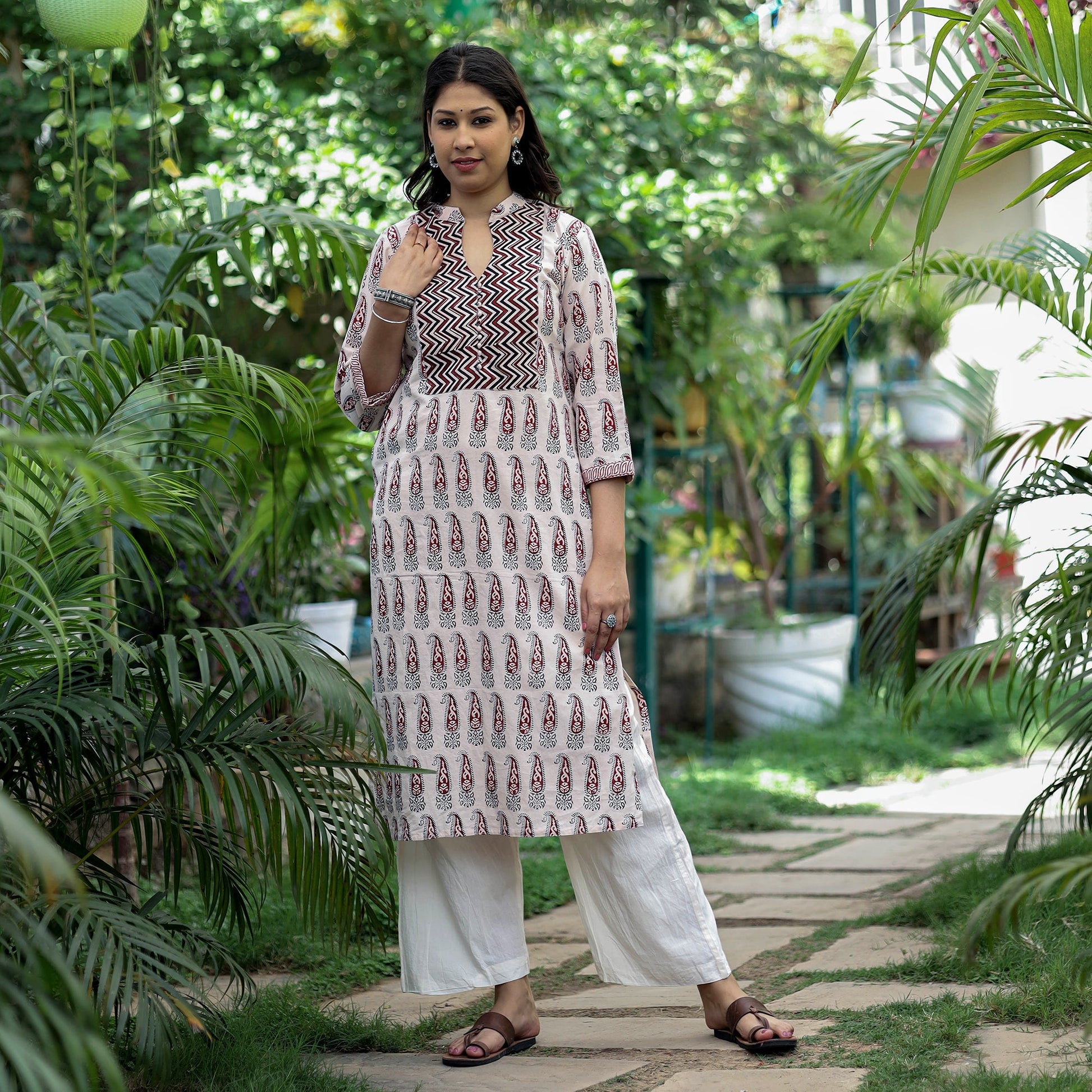 Beige - Block Print Cotton Straight Bagh Kurta