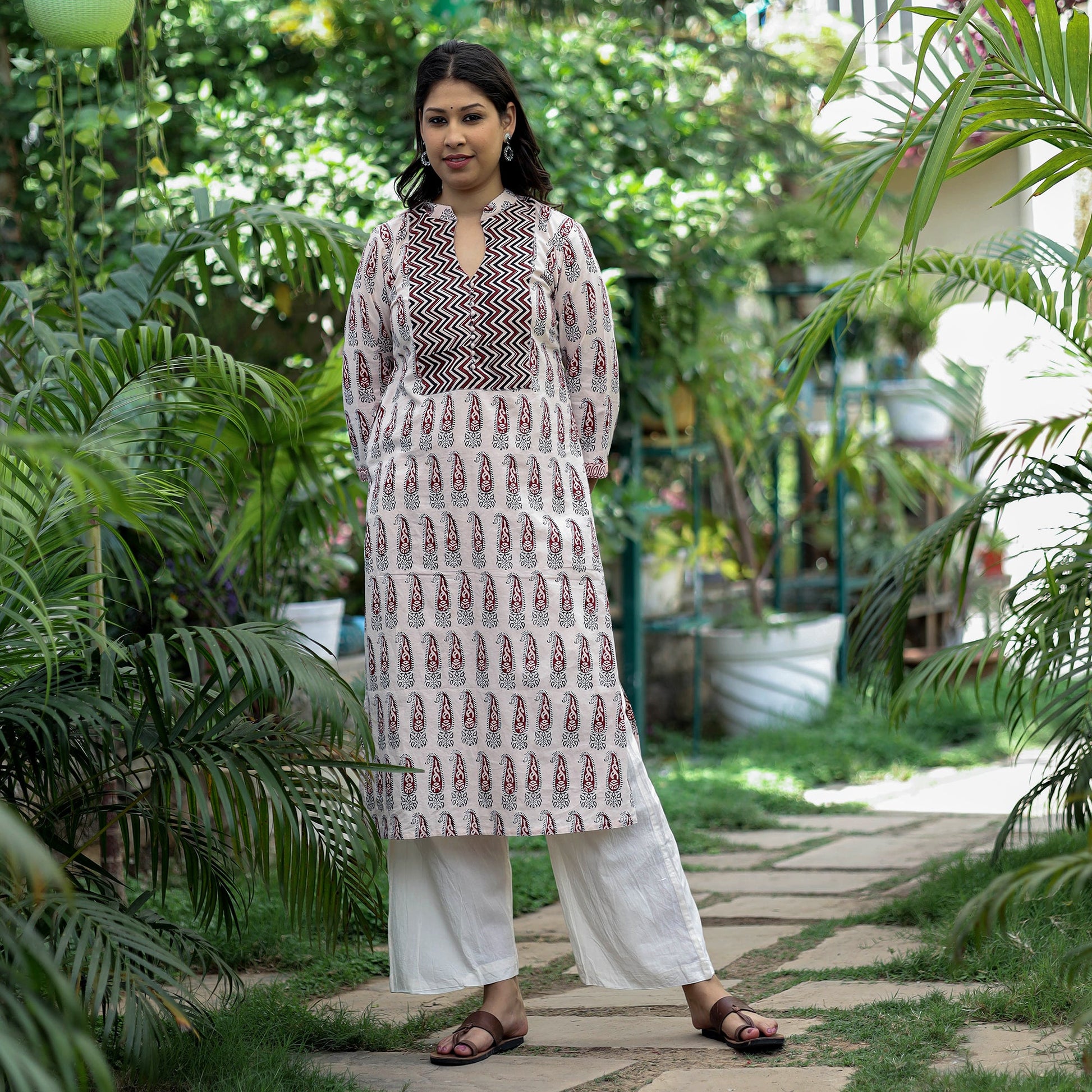 Beige - Block Print Cotton Straight Bagh Kurta