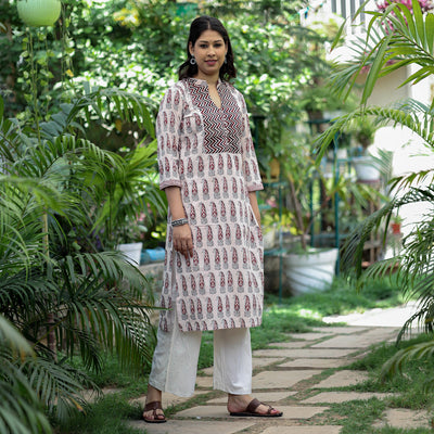 Beige - Block Print Cotton Straight Bagh Kurta