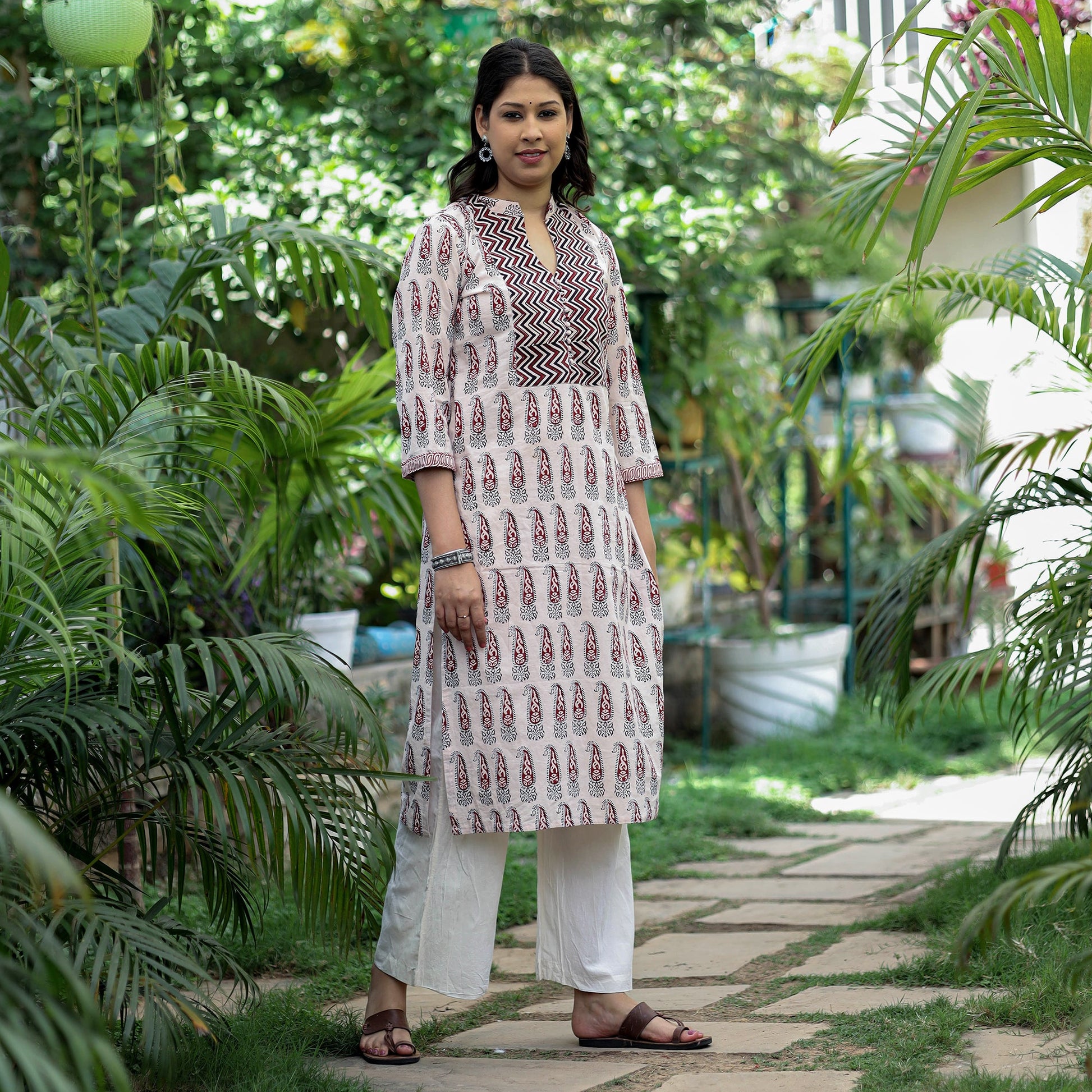 Beige - Block Print Cotton Straight Bagh Kurta