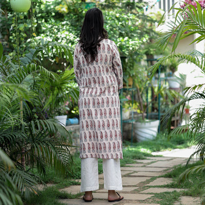 Beige - Block Print Cotton Straight Bagh Kurta