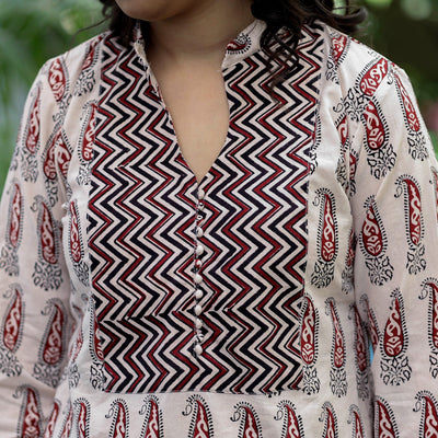 Beige - Block Print Cotton Straight Bagh Kurta