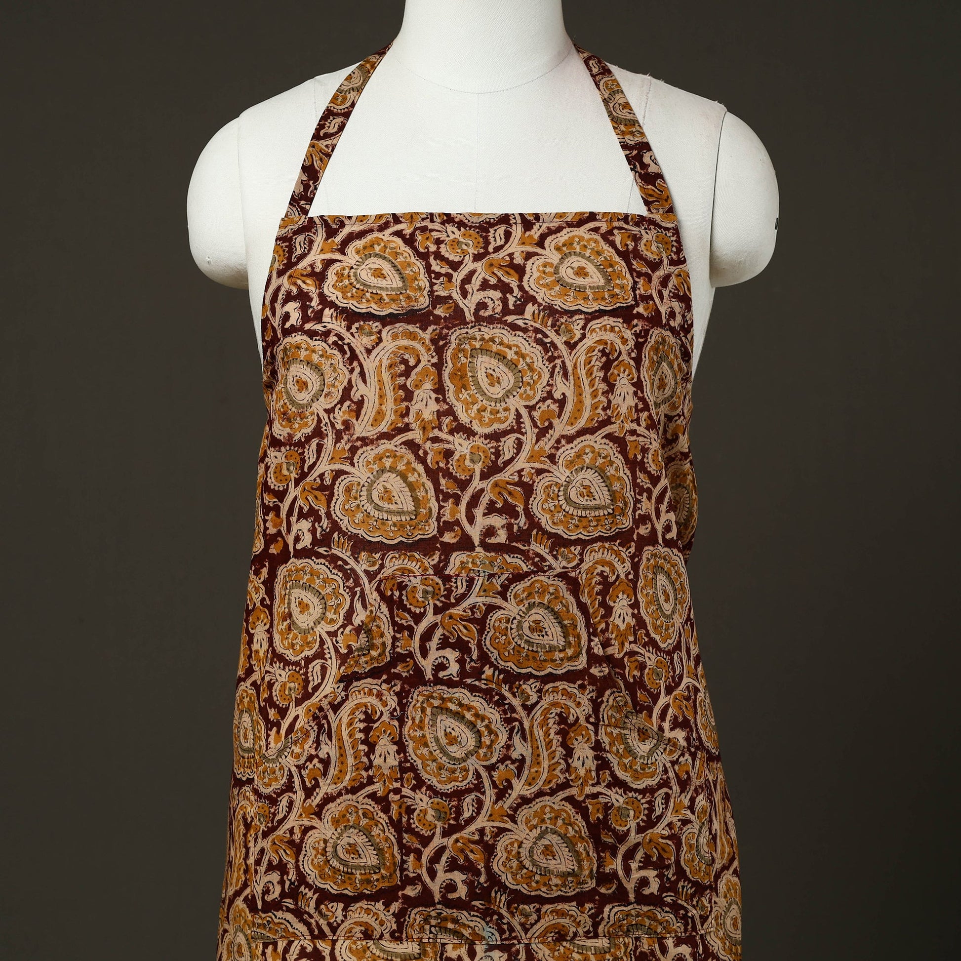 Brown - Kalamkari Block Print Cotton Apron with Pocket 61