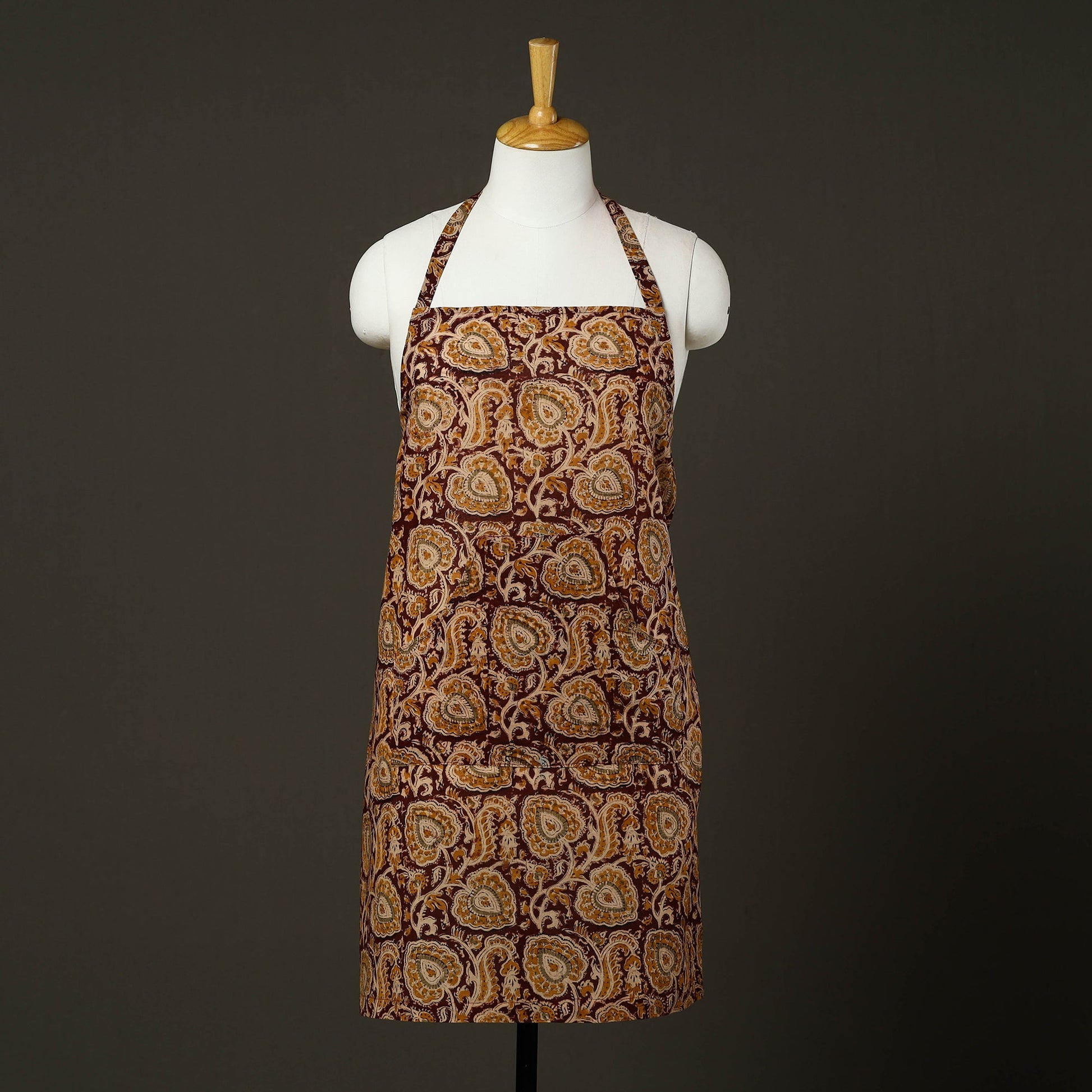 Brown - Kalamkari Block Print Cotton Apron with Pocket 61