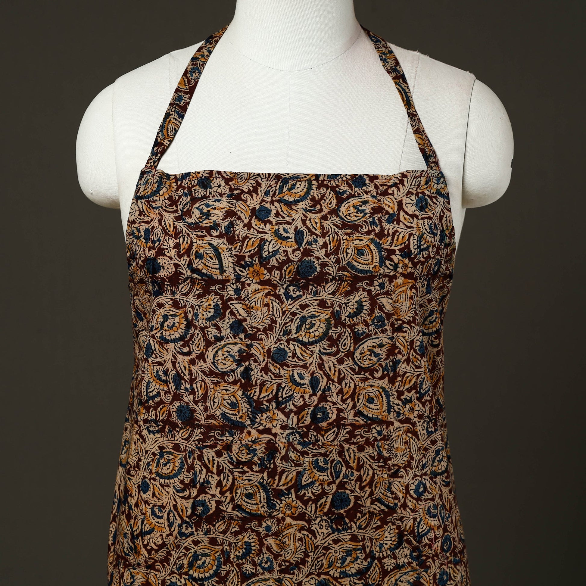 Brown - Kalamkari Block Print Cotton Apron with Pocket 62