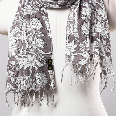Brown - Lavender with White Mor & Flowers Sanganeri Block Printed Cotton Stole
