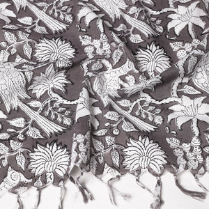 Brown - Lavender with White Mor & Flowers Sanganeri Block Printed Cotton Stole