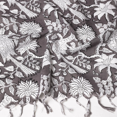 Brown - Lavender with White Mor & Flowers Sanganeri Block Printed Cotton Stole