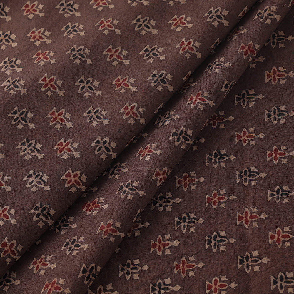 Brown - Geometrical Floral Buti Block Print Cotton Ajrakh Fabric