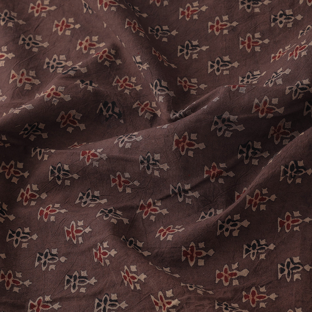 Brown - Geometrical Floral Buti Block Print Cotton Ajrakh Fabric
