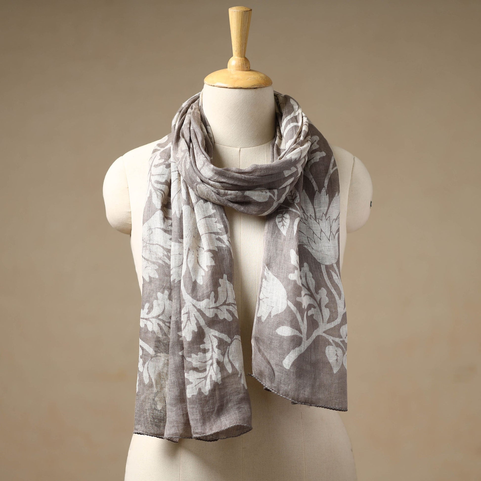 Brown - Handloom Block Print  Natural Dyed Linen Bindaas Stole 04