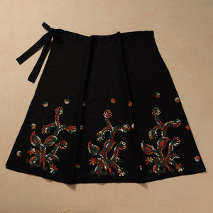 Black - Bengal Kantha Embroidery Cotton Wrap Around Skirt