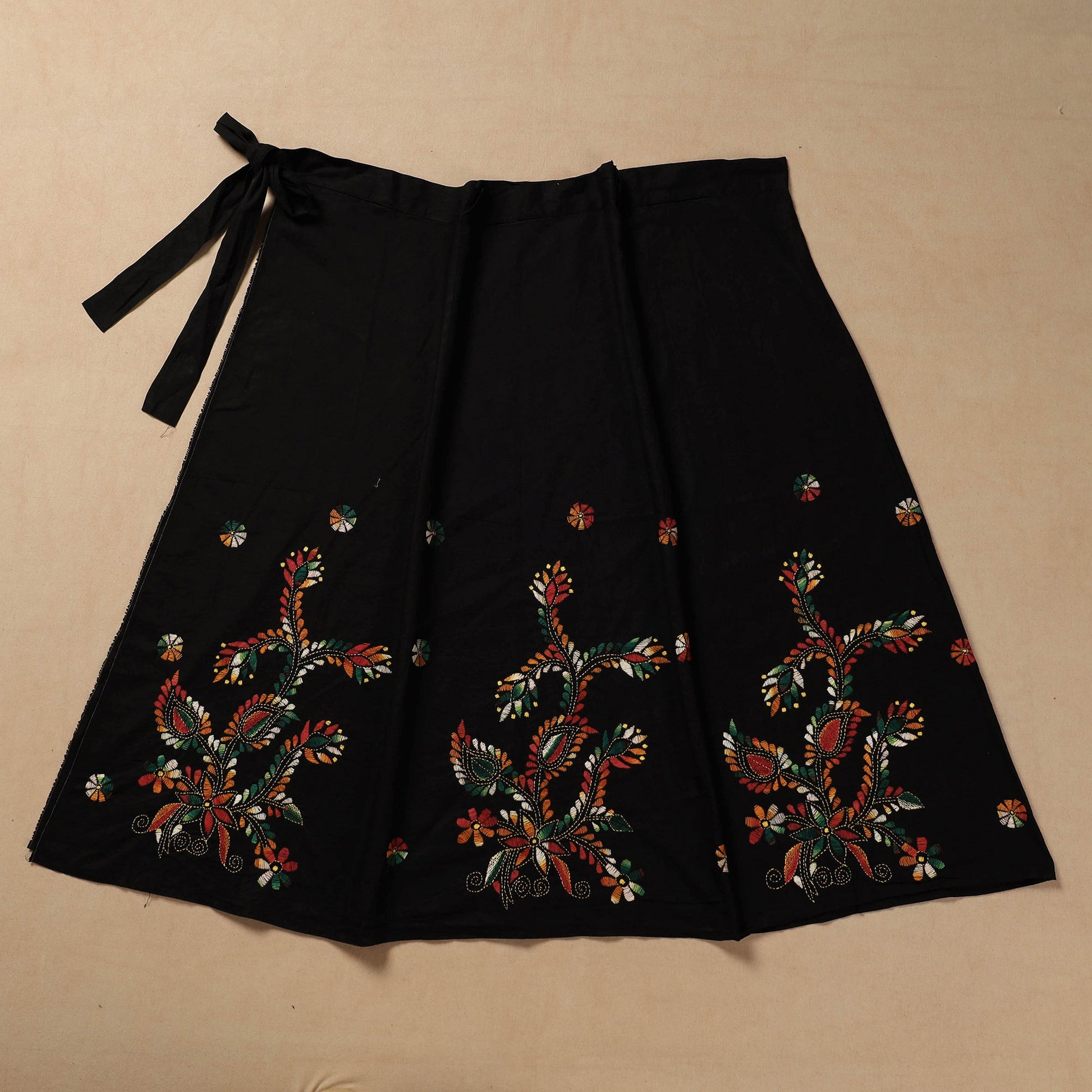 Black - Bengal Kantha Embroidery Cotton Wrap Around Skirt