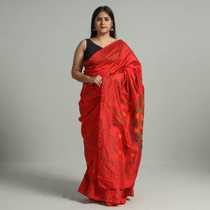 Red - Bengal Nakshi Kantha Embroidery Silk Saree 63