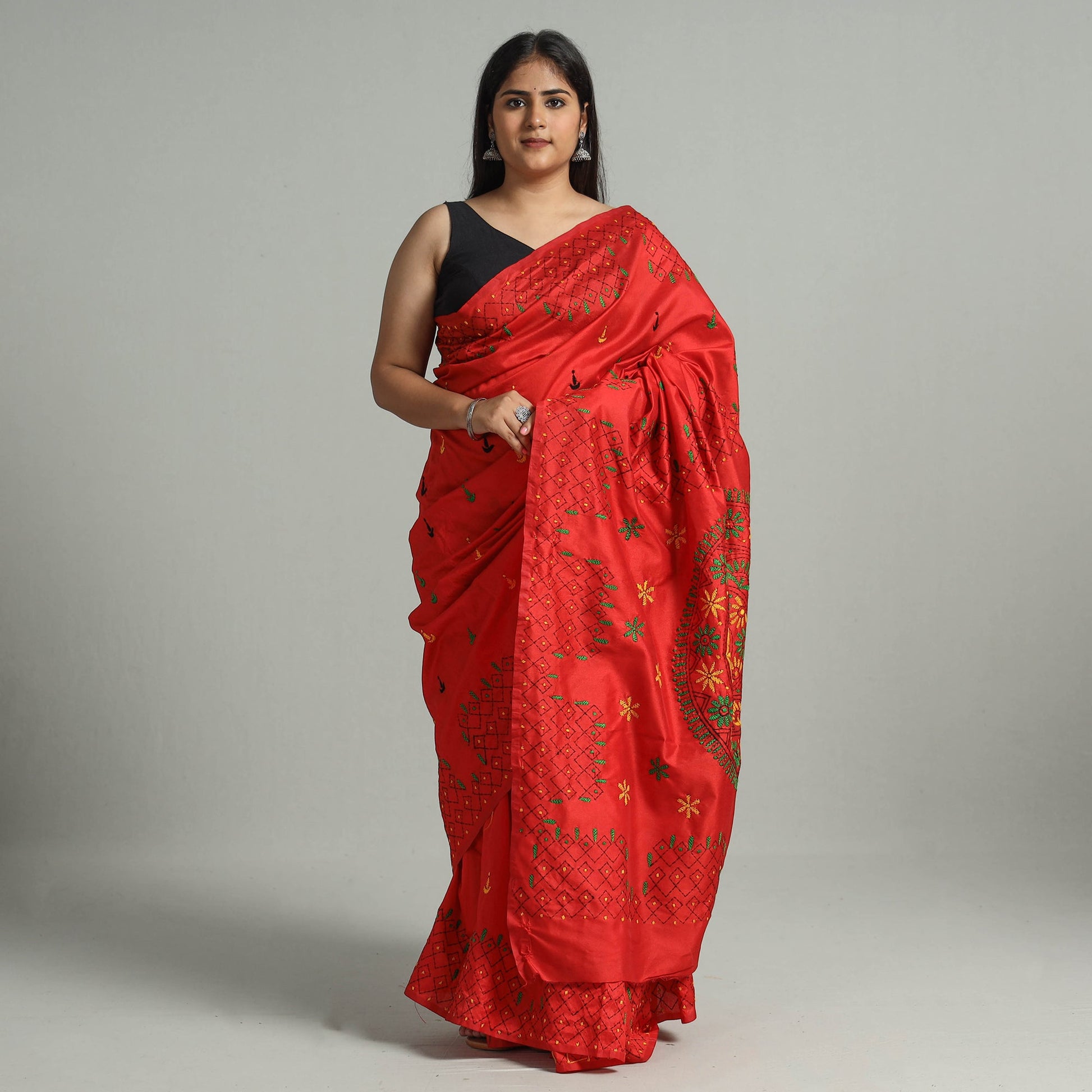 Red - Bengal Nakshi Kantha Embroidery Silk Saree 63