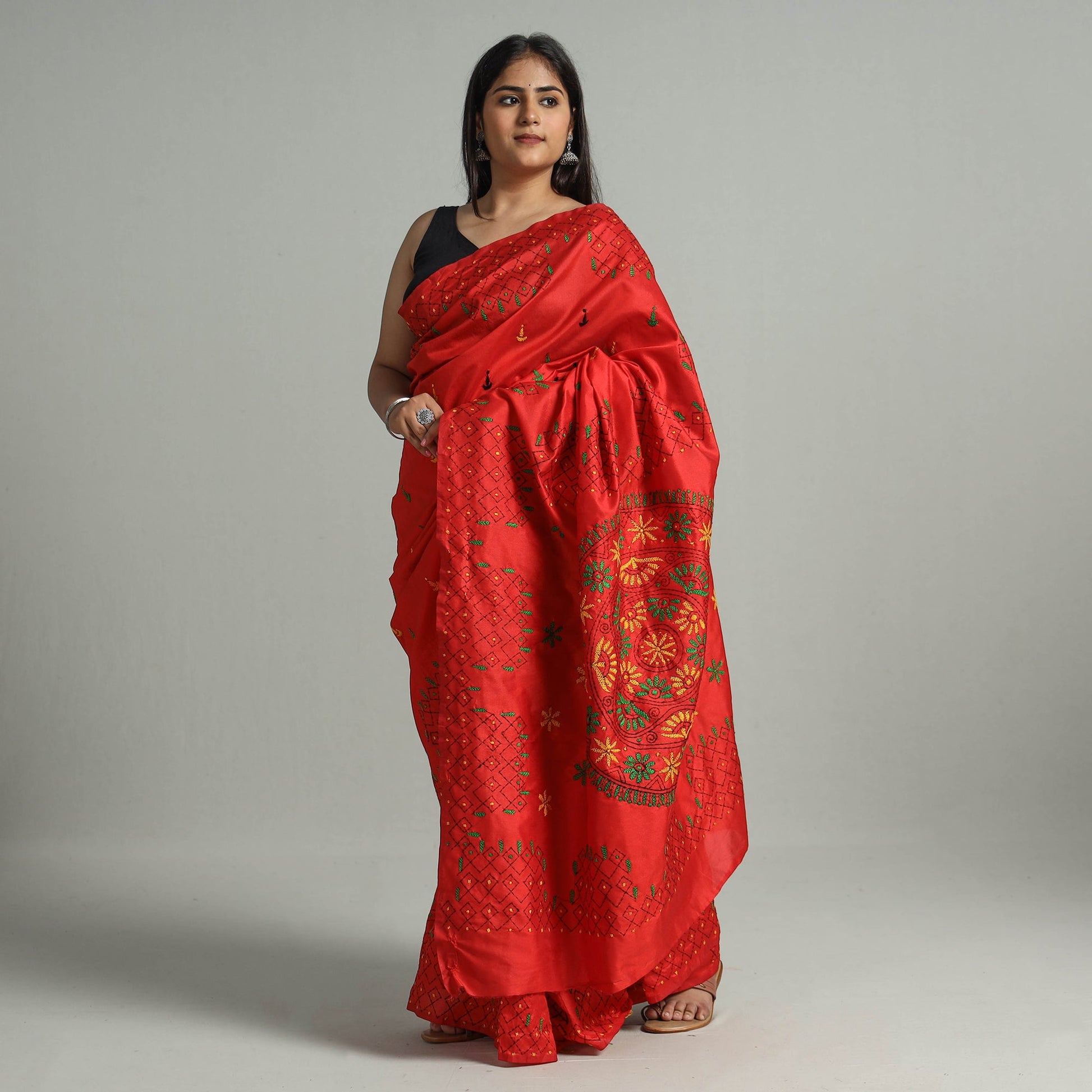 Red - Bengal Nakshi Kantha Embroidery Silk Saree 63
