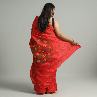 Red - Bengal Nakshi Kantha Embroidery Silk Saree 63