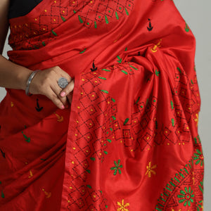 Red - Bengal Nakshi Kantha Embroidery Silk Saree 63