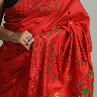 Red - Bengal Nakshi Kantha Embroidery Silk Saree 63