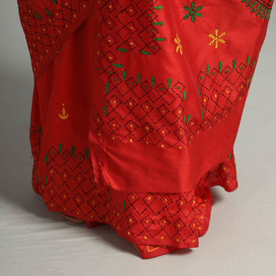 Red - Bengal Nakshi Kantha Embroidery Silk Saree 63