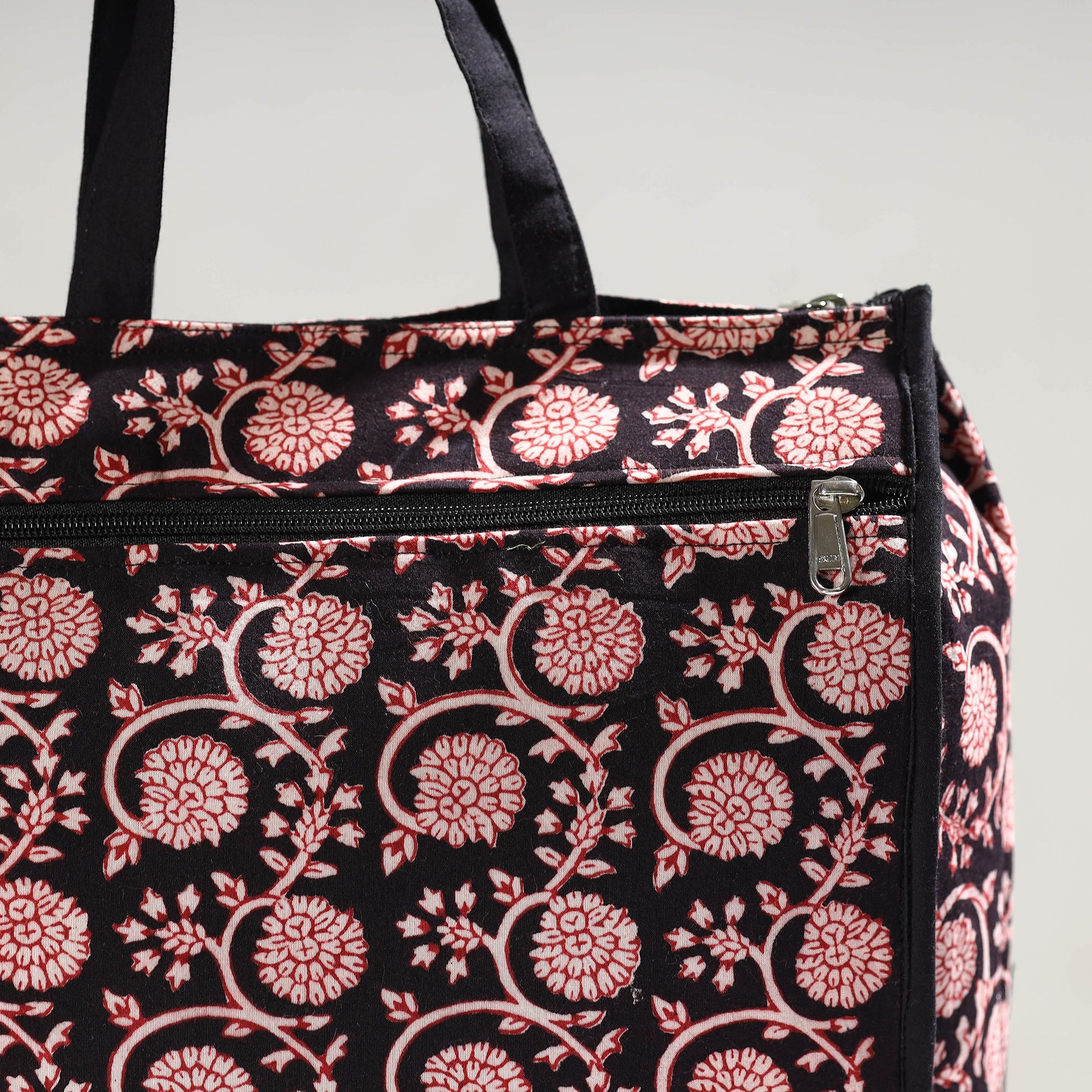 Black - Handmade Bagh Block Printed Cotton Shopping Bag