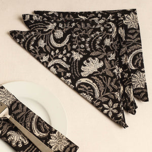 Black - Set of 4 - Bagru Block Printed Cotton Table Napkins (18 x 18 in)