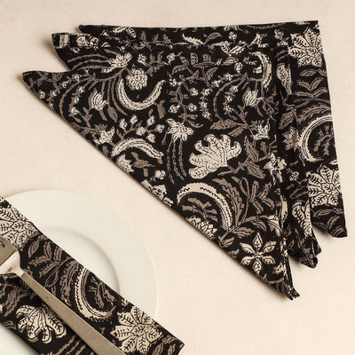 Black - Set of 4 - Bagru Block Printed Cotton Table Napkins (18 x 18 in)