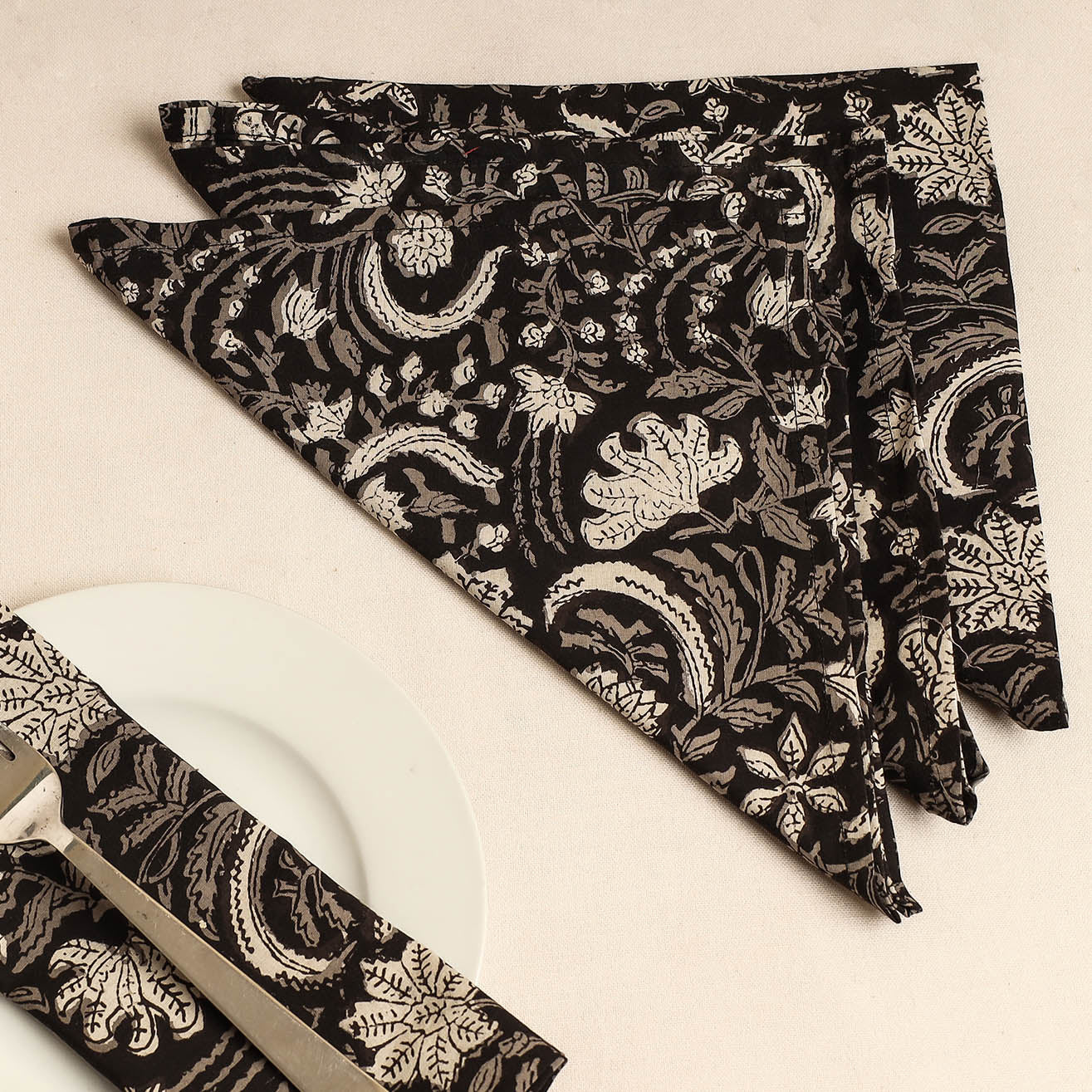 Black - Set of 4 - Bagru Block Printed Cotton Table Napkins (18 x 18 in)
