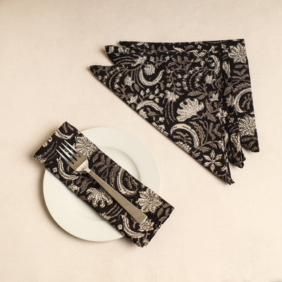 Black - Set of 4 - Bagru Block Printed Cotton Table Napkins (18 x 18 in)