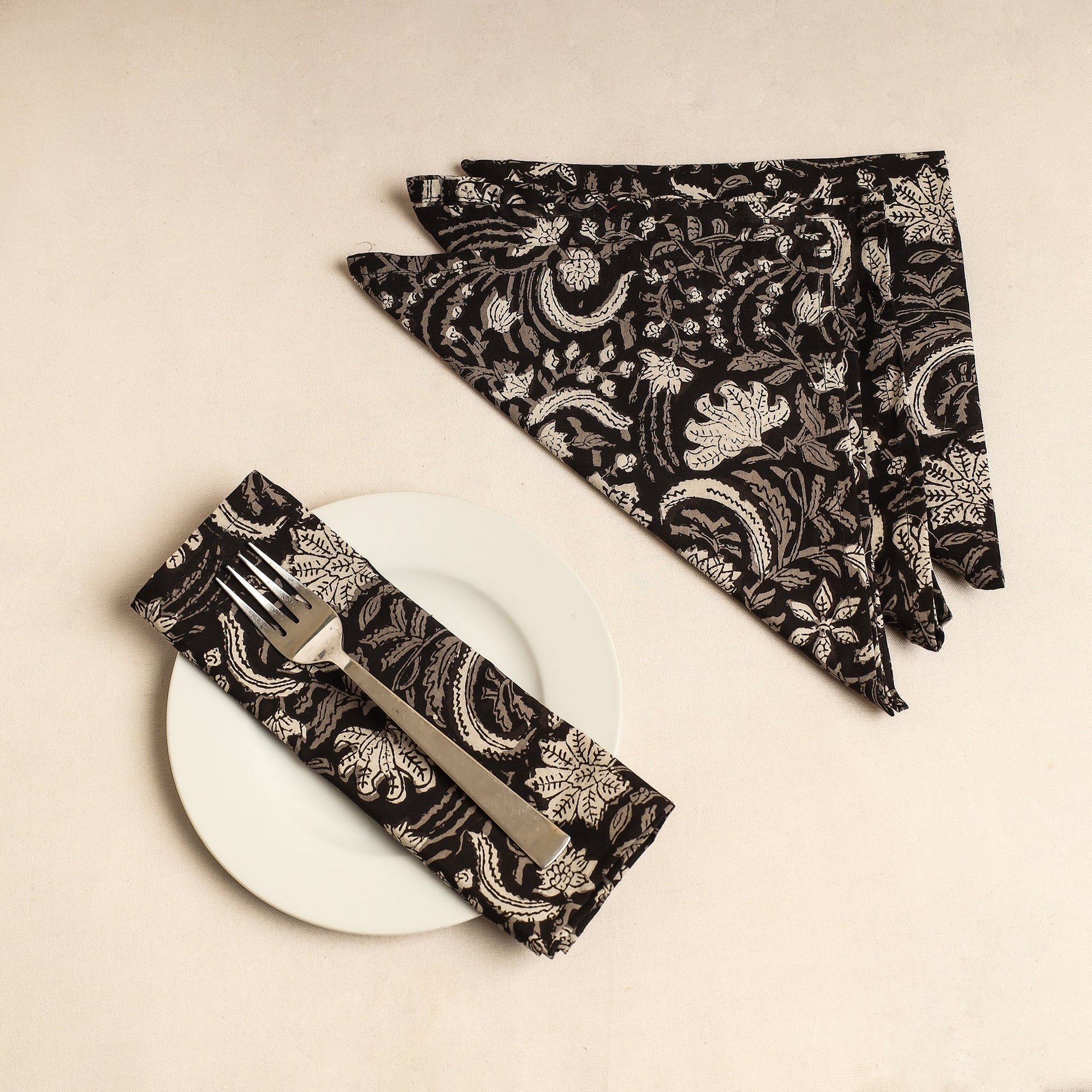Black - Set of 4 - Bagru Block Printed Cotton Table Napkins (18 x 18 in)