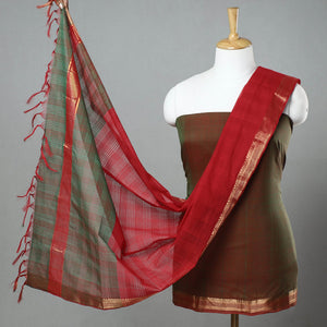 Brown - 3pc Mangalagiri Handloom Cotton Nizam Zari Border Suit Material Set 08