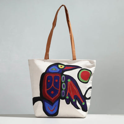Beige - Raven Bird Canvas Cotton Handpainted Shoulder Bag