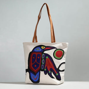 Beige - Raven Bird Canvas Cotton Handpainted Shoulder Bag