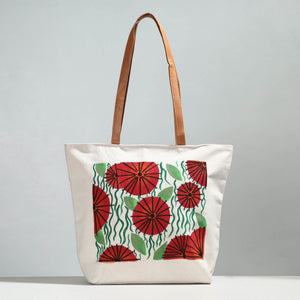 Beige - Red Flower & Green Foliage - Handpainted Canvas Cotton Shoulder Bag
