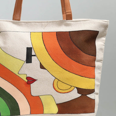 Beige - Modern Art - Handpainted Canvas Cotton Shoulder Bag